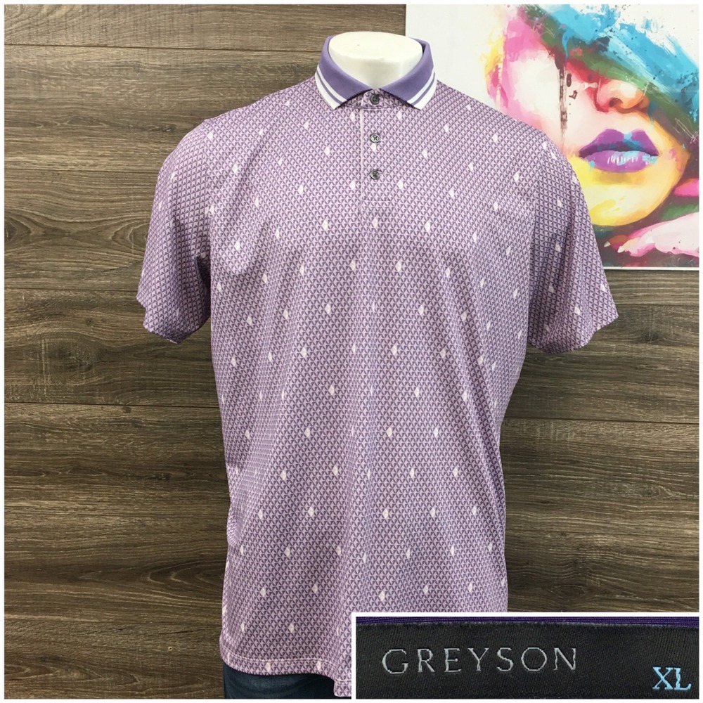 Greyson Mens XL Purple Geometric Print Golf Polo Shirt Short Sleeve Stretch